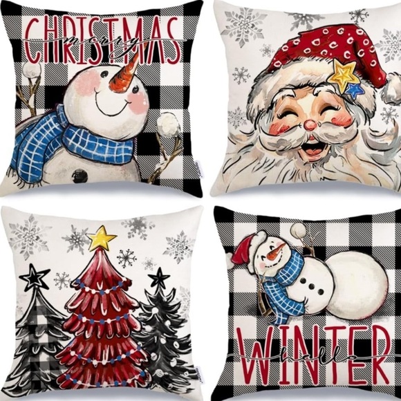 NWT Pillow Covers 20x20 Inch Set of 4, Santa Snowmen Xmas Trees Hello Winter - Picture 1 of 6